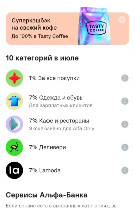 Экран банка: у «Одежда и обувь» и «Кафе и рестораны» есть особые условия — «Для зарплатных клиентов» и «Эксклюзивно для Alfa Only»